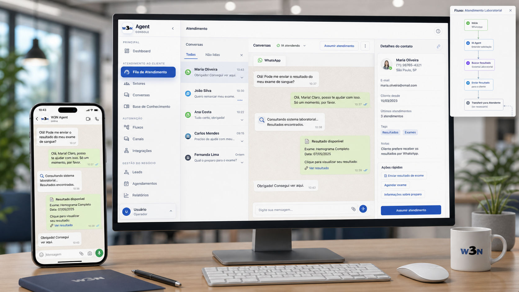 W3N Agent atendendo clientes por WhatsApp e gerenciando conversas, agendamentos e integrações